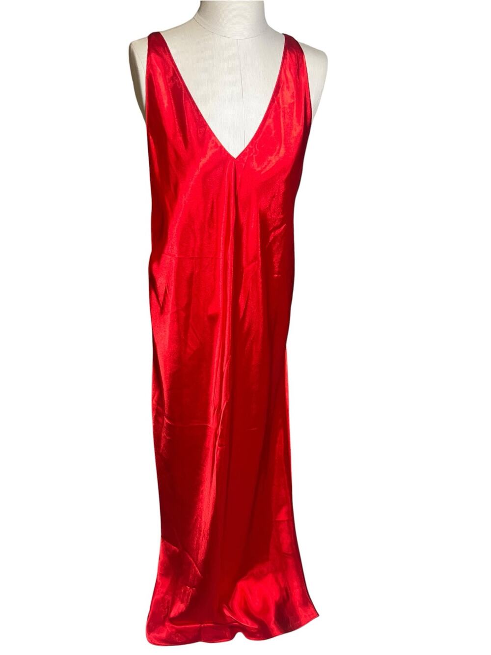 FREDERICK'S OF HOLLYWOOD Maxi Slip Dress Womens Red Satin Strappy Nightgown